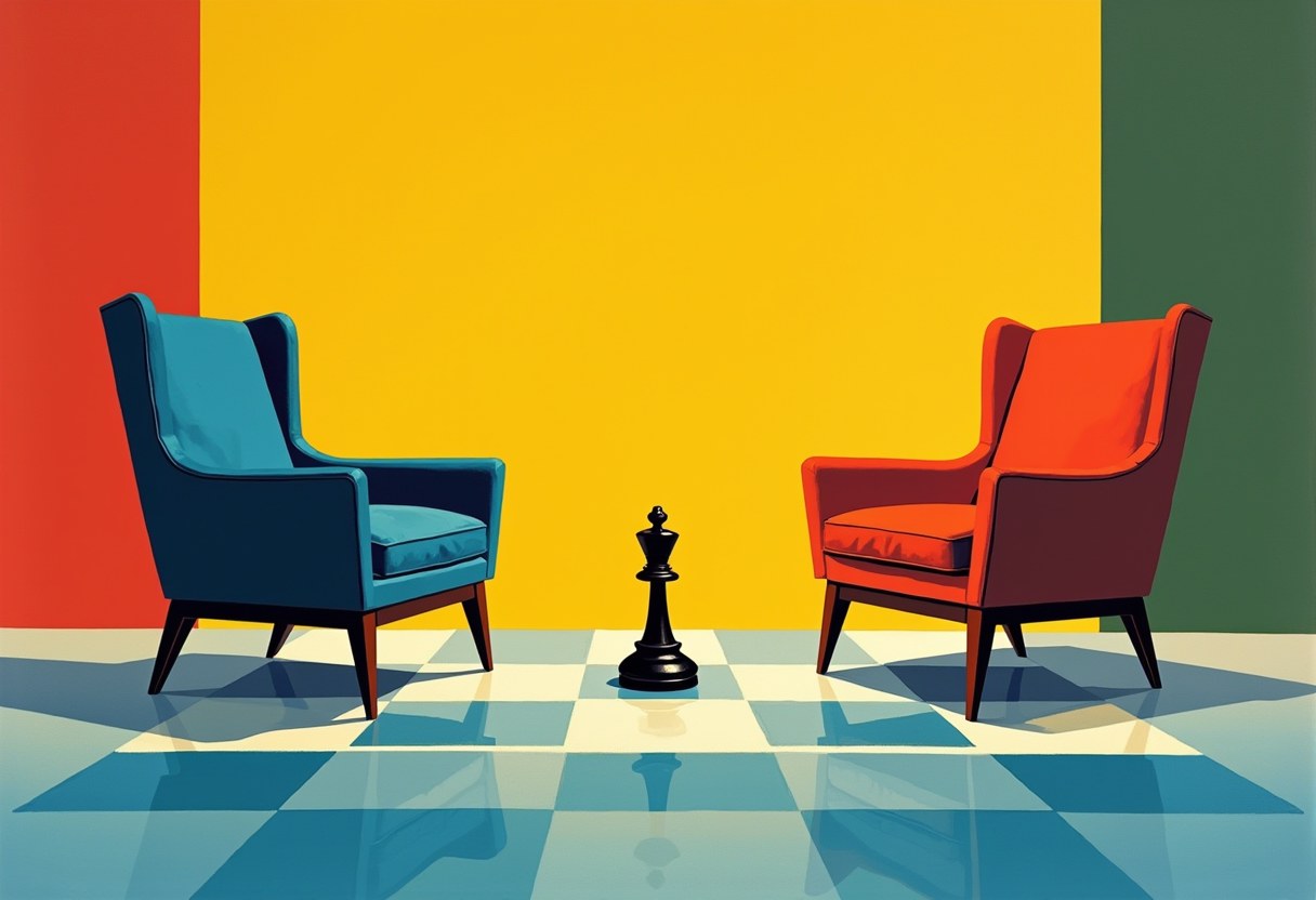 A blue armchair and a red armchair face each other across a checkered blue-and-white floor, a large black chess king standing between them, against red, yellow, and green wall panels.