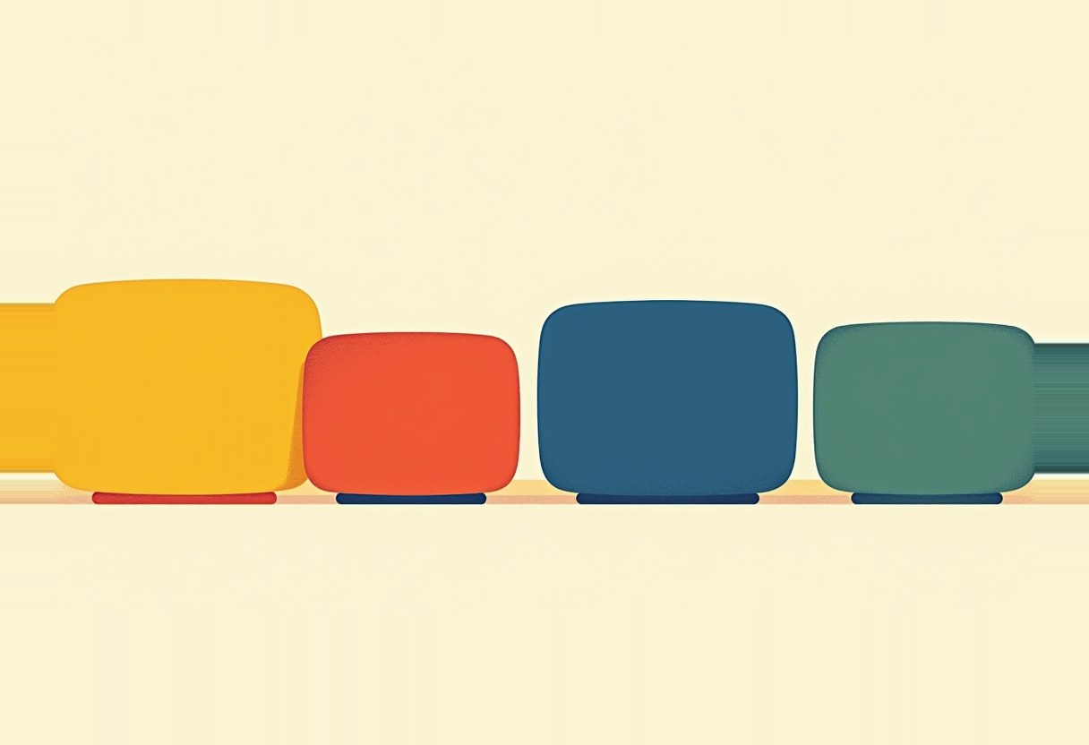 Four rounded rectangular blocks in yellow, orange, blue, and teal stand in a row on a pale cream background, each partly overlapping the next.