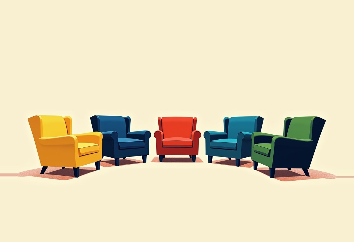 Five empty wingback armchairs in yellow, navy, red, teal, and green arranged in a slight arc on a cream background, facing forward.