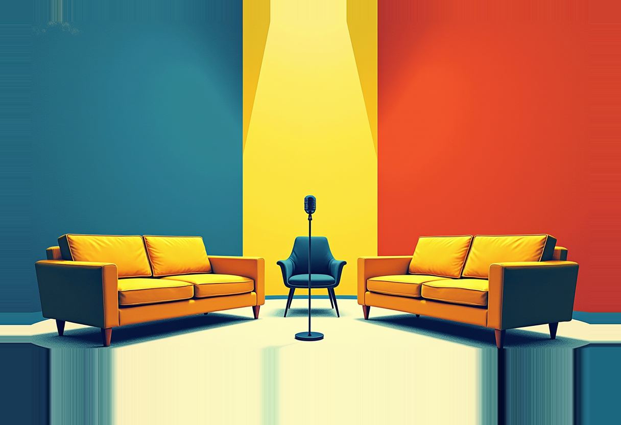 Two empty yellow sofas flank a single dark blue armchair and a standing microphone, against blue, yellow, and red vertical background panels.