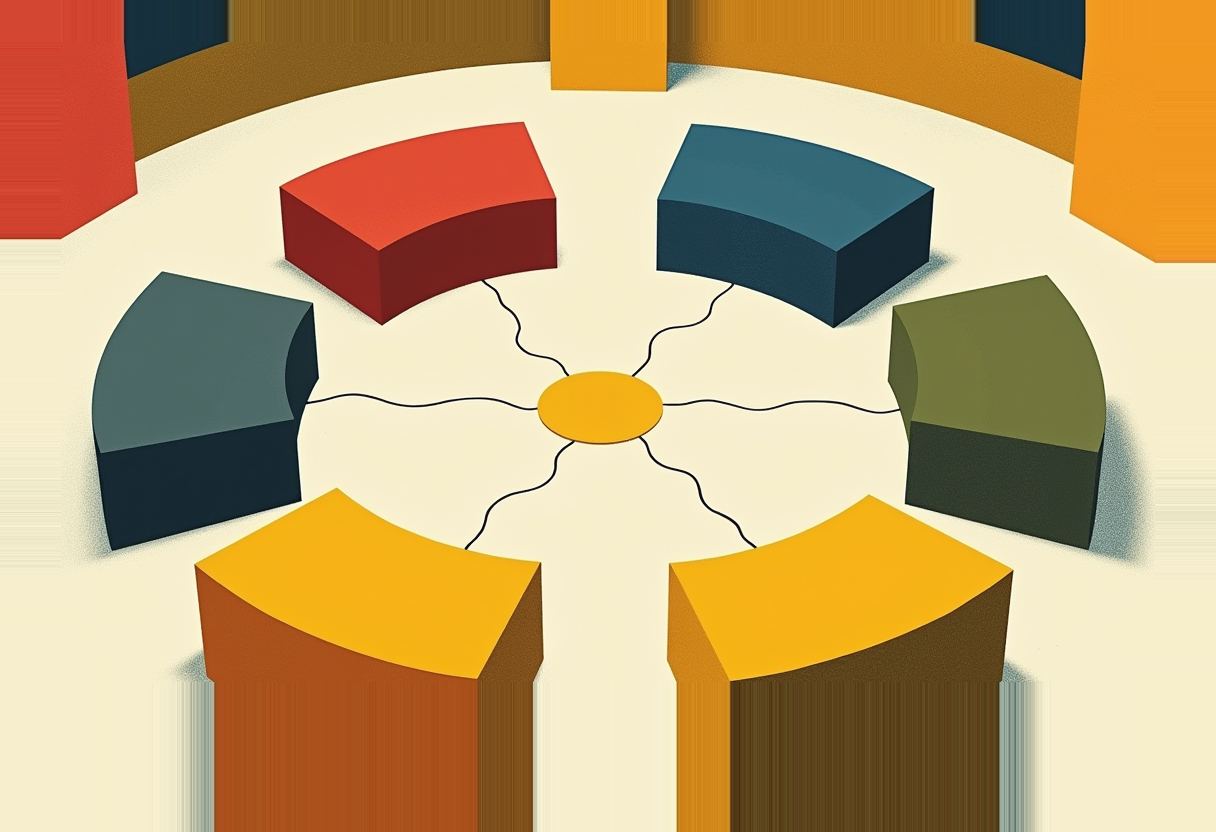 Six curved 3D block segments in red, blue, dark teal, olive, and two gold tones arranged in a broken ring, each connected by a thin wavy line to a small yellow oval at the center.