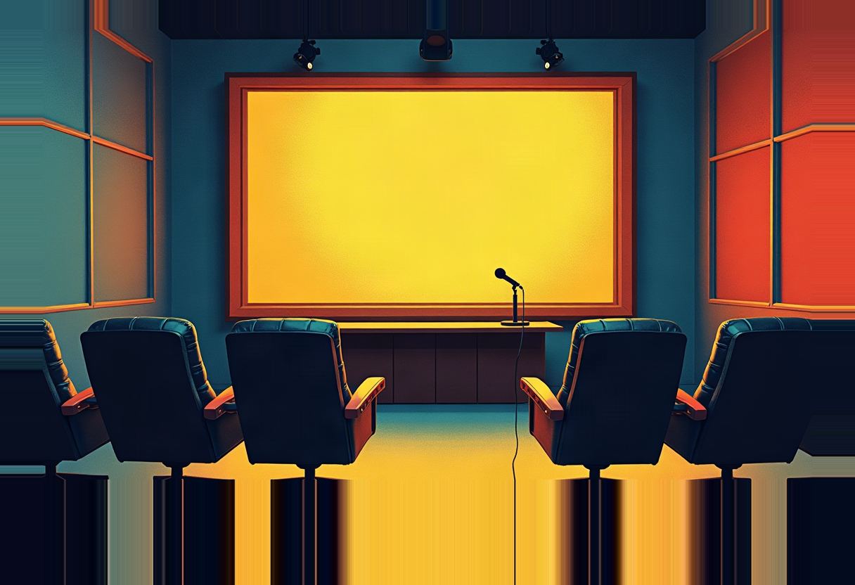 Five empty leather chairs face a large blank yellow-lit screen and a standing microphone in a blue and orange paneled room.