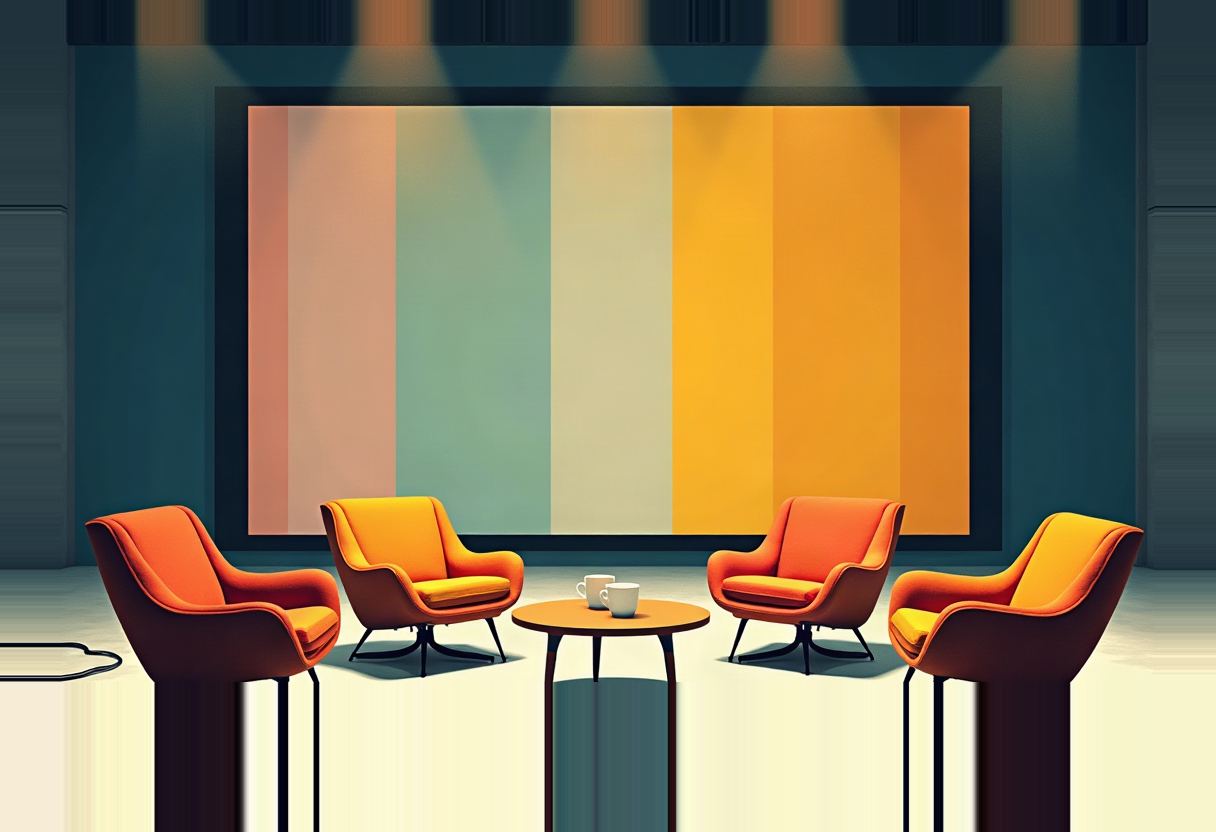 Four empty orange and yellow armchairs on tall stilt-like legs face a round table with two white mugs, set before a vertical-striped pastel backdrop under stage spotlights.