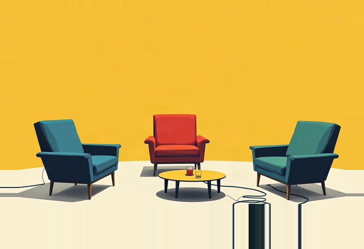 Three empty armchairs, blue, red, and teal, face a round coffee table with two glasses, wires trailing to an unseen device, against a flat mustard-yellow backdrop.