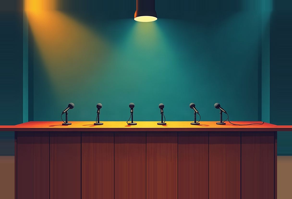 Six black microphones on stands line an empty wooden podium desk lit by a yellow overhead spotlight against a dark teal wall.