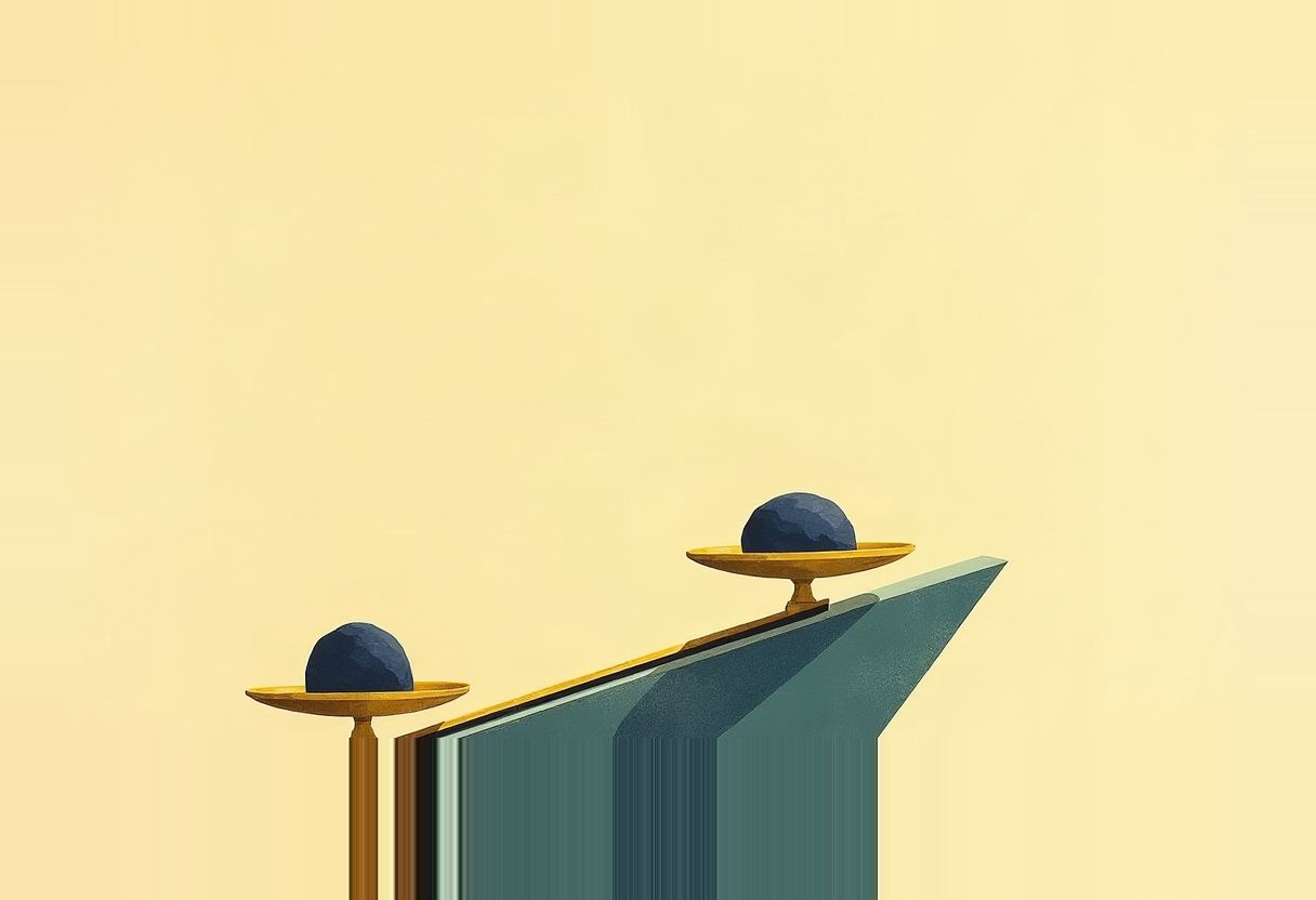 Two gold pedestal trays holding dark spheres sit at different heights on a diagonal teal ramp against a pale yellow background.