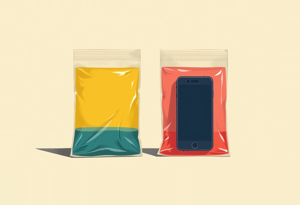 Two zip-top plastic bags on a cream background: one filled with yellow and teal liquid, the other translucent red-orange with a dark smartphone sealed inside.