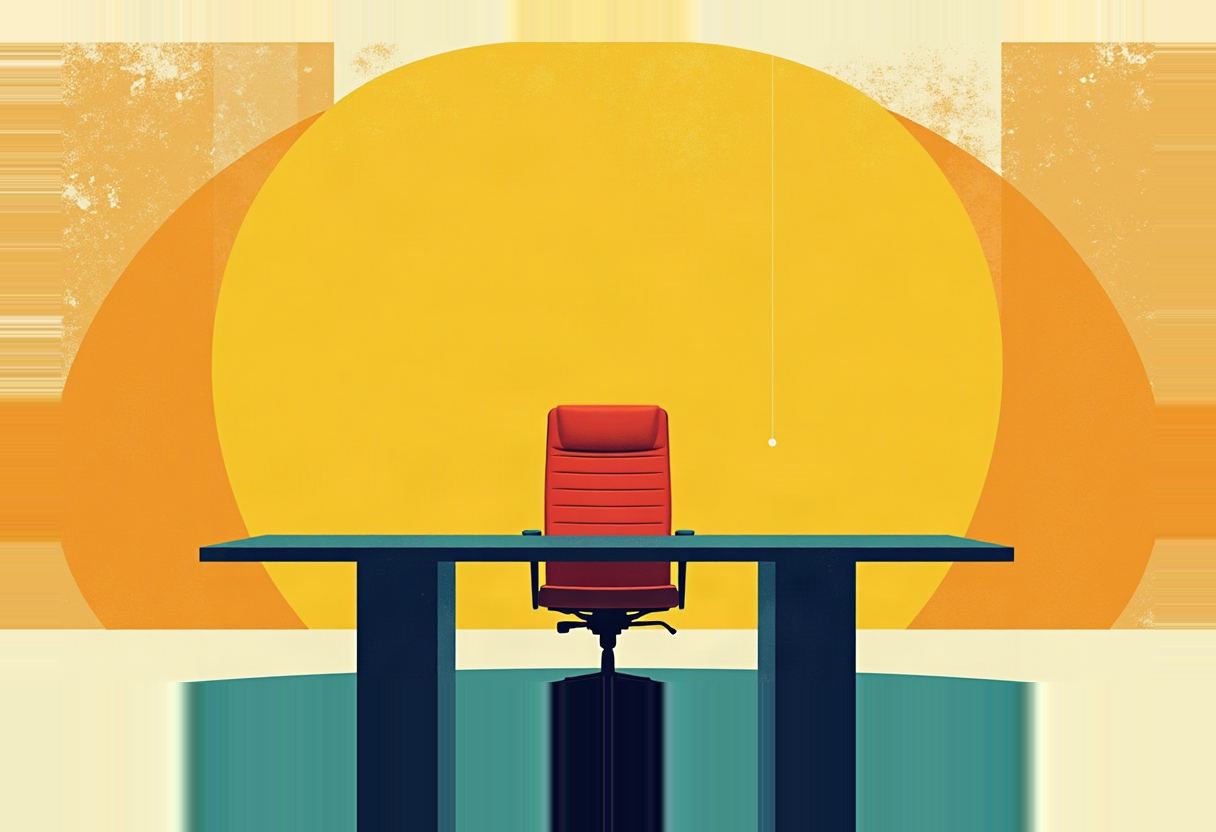 Empty red office chair behind a dark desk, set against large overlapping yellow and orange sun-like circles, with a thin string hanging to the right and a teal floor below.