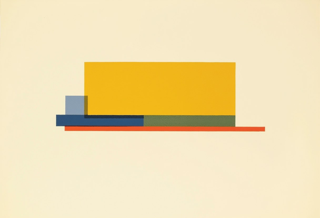 Abstract composition on cream: a large yellow rectangle atop overlapping bars in blue, olive green, and a small light-blue square, with a thin red-orange strip underneath.