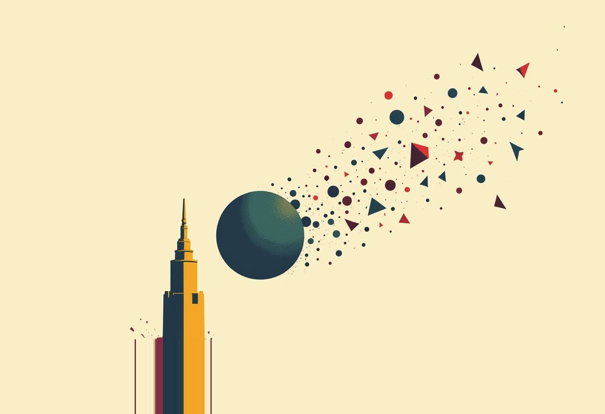 A tall yellow spired tower stands beside a dark sphere, with red, teal, and dark triangles and dots scattering diagonally upward against a cream background.