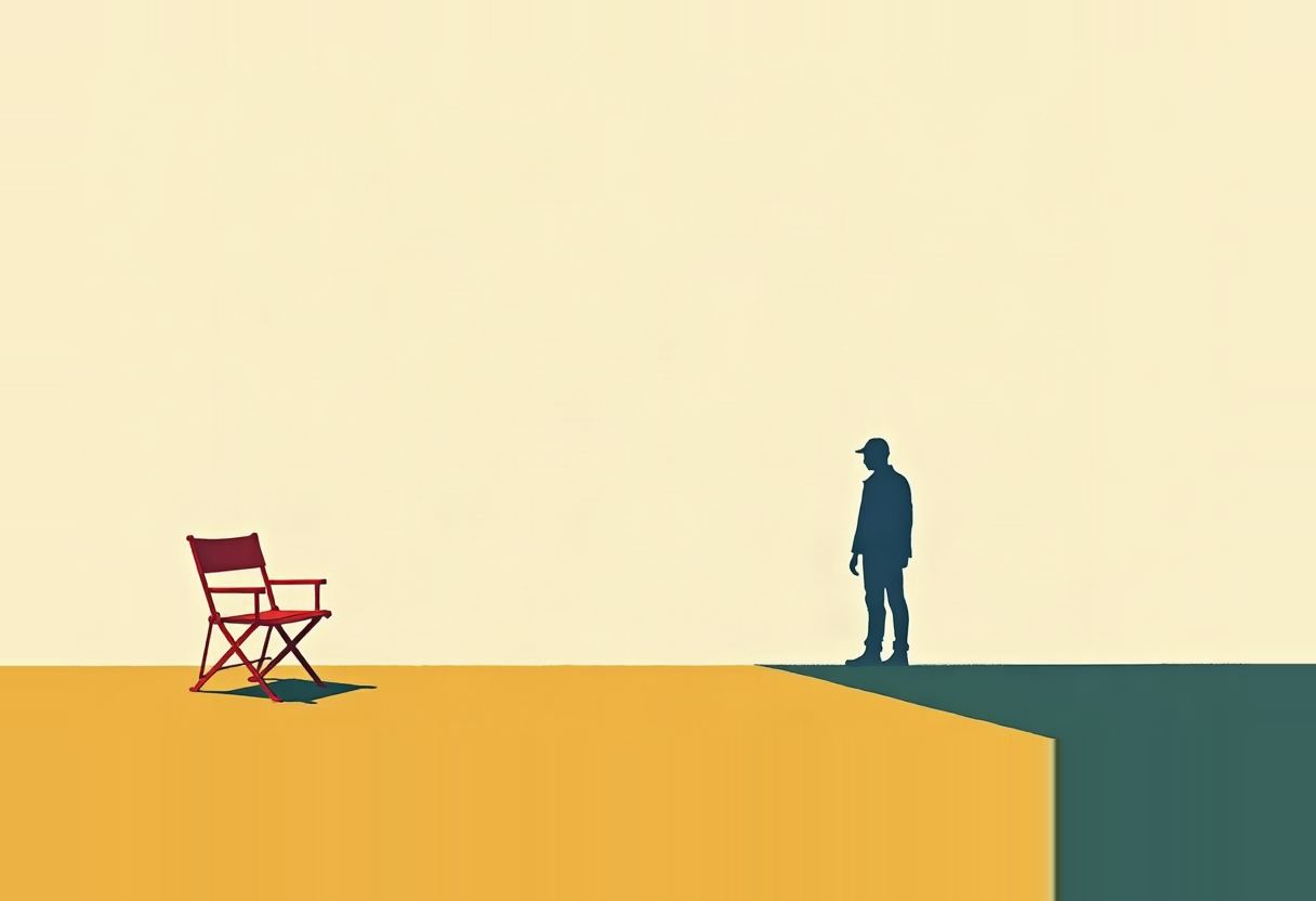 An empty red director's chair sits on a yellow platform beside a dark silhouetted figure standing on a green ledge at a cliff-like step down, against a pale yellow background.