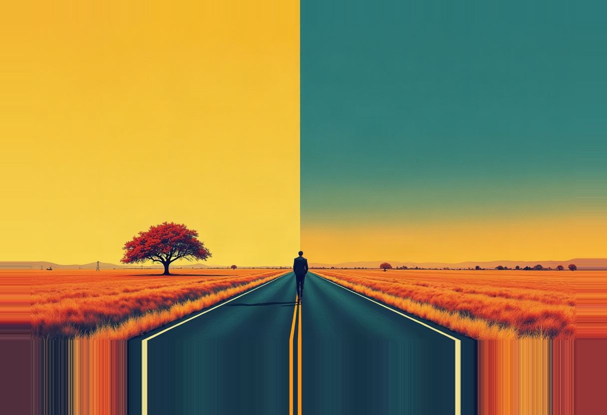 A suited figure walks alone down a straight road splitting a field, with a yellow sky and red tree on the left and a teal sky on the right.