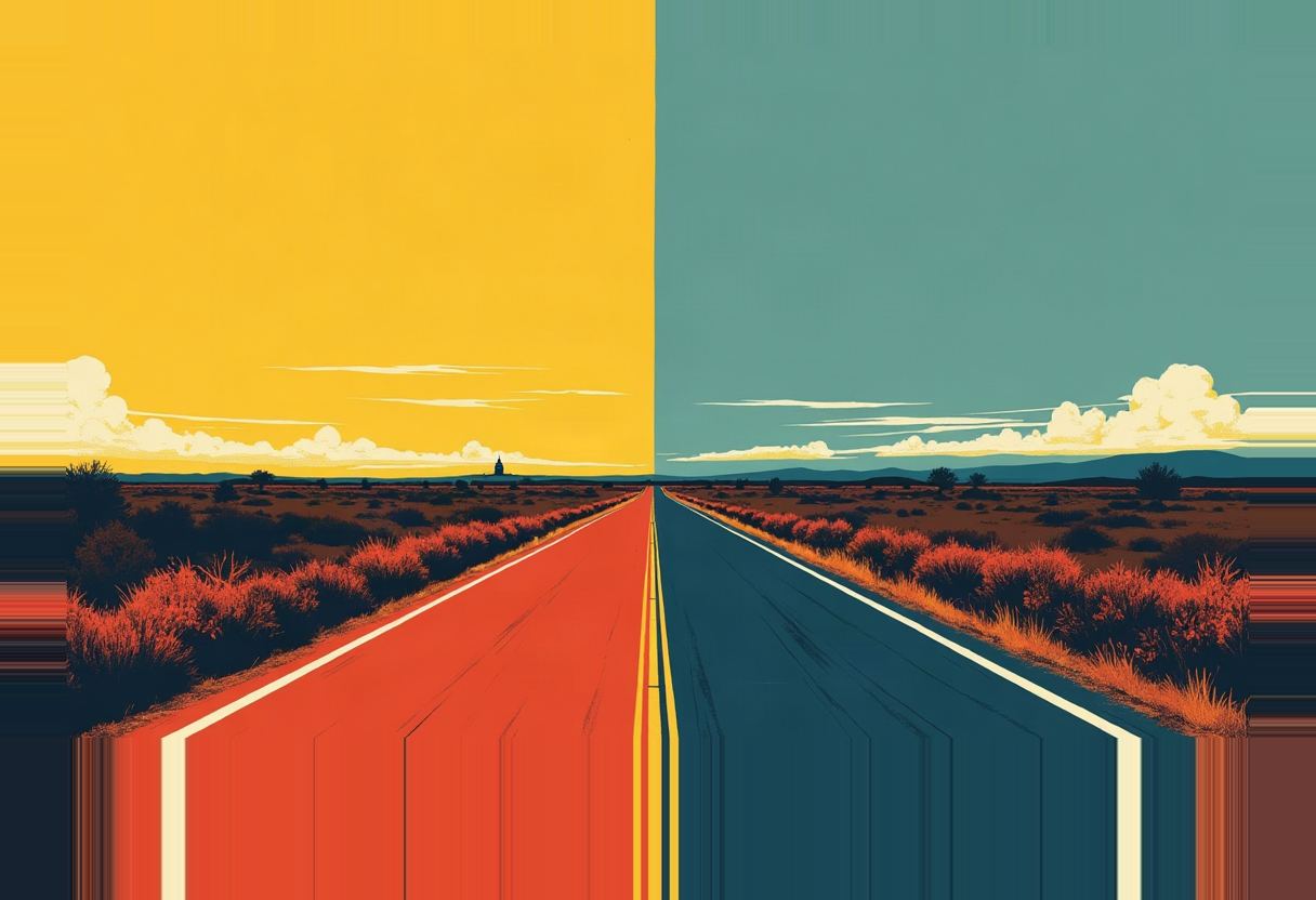 A two-lane road splits down the middle into red and dark teal halves under a sky divided into yellow and teal, with reddish scrubland lining both shoulders and hills on the horizon.