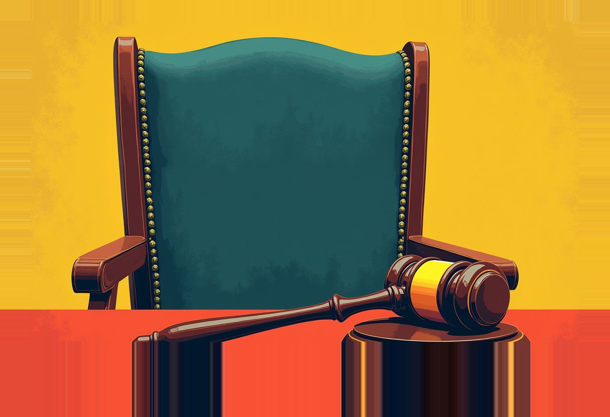An empty teal high-backed judge's chair with a wooden gavel resting on its sound block, against a yellow and orange background.