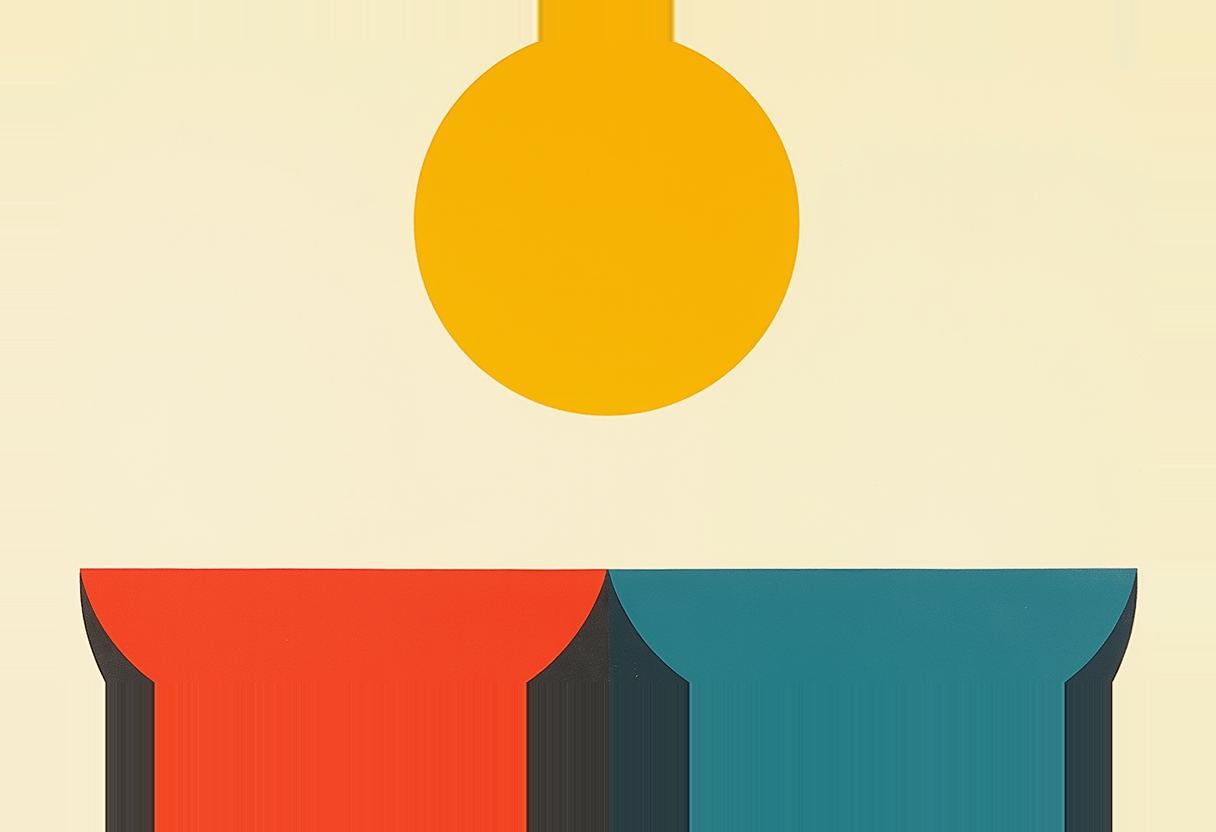 A yellow circle atop a thin stem hangs above two flat-topped, arch-shaped columns, one red and one teal, against a pale cream background.