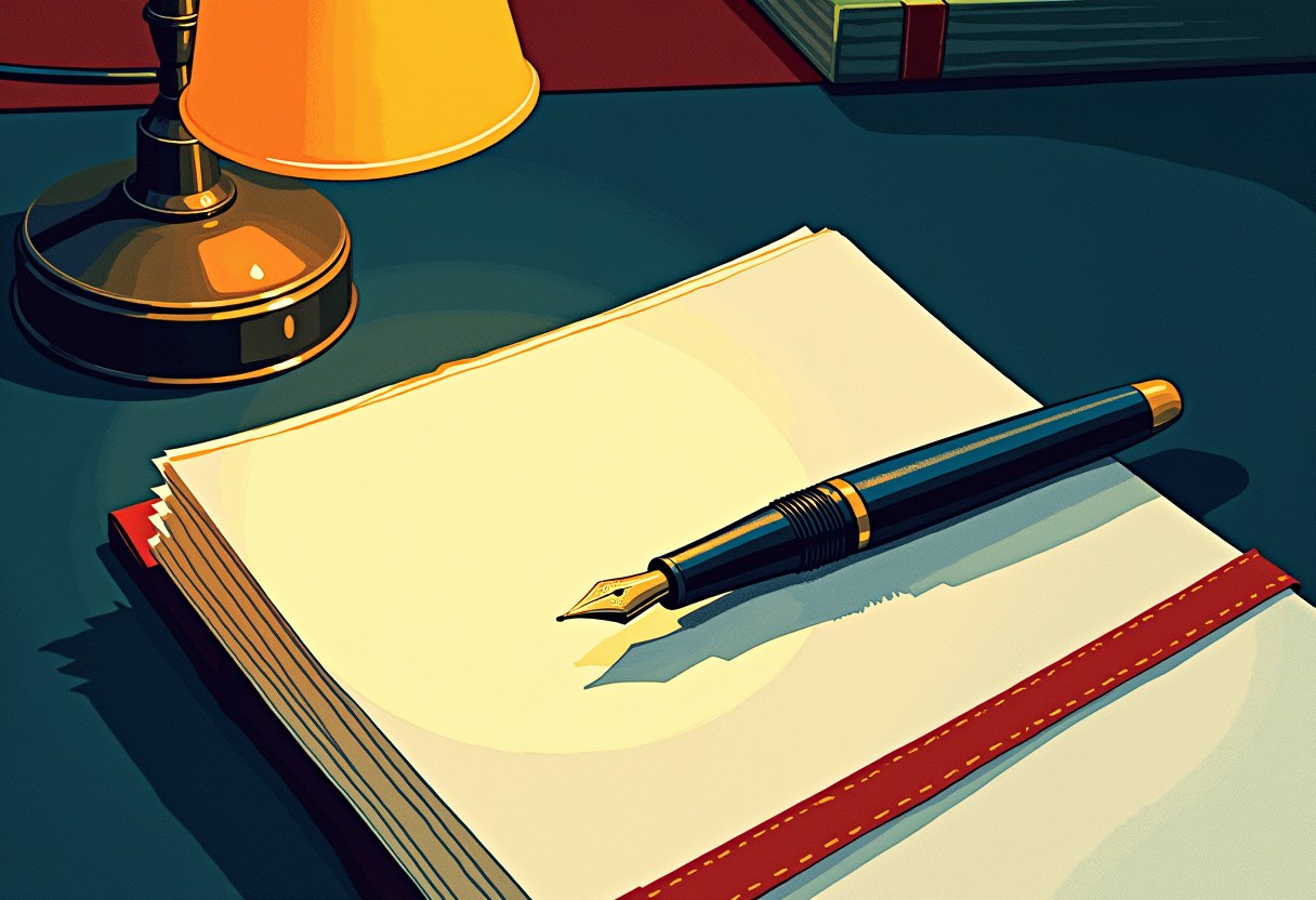 A capped fountain pen resting untouched on blank ribbon-bound pages, lit by a single desk lamp, its shadow never reaching the ribbon