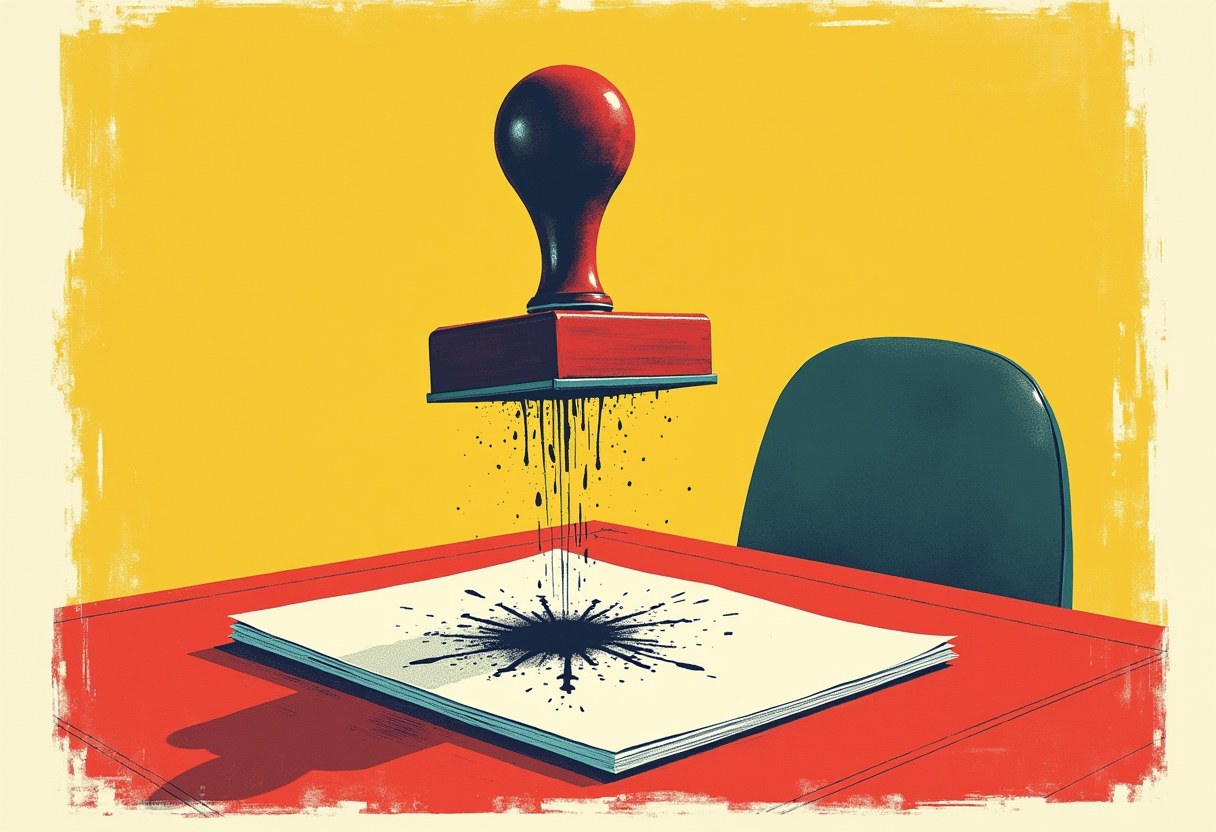 A red rubber stamp hovers over a stack of paper, ink dripping and splattering across the page in a starburst rather than a clean mark