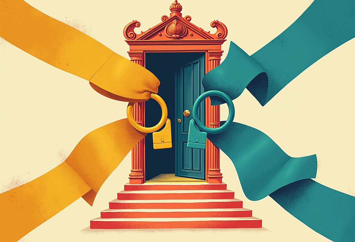 Editorial illustration of a courthouse door with two keys turning the same lock from opposite sides, gold and teal ribbons crossing