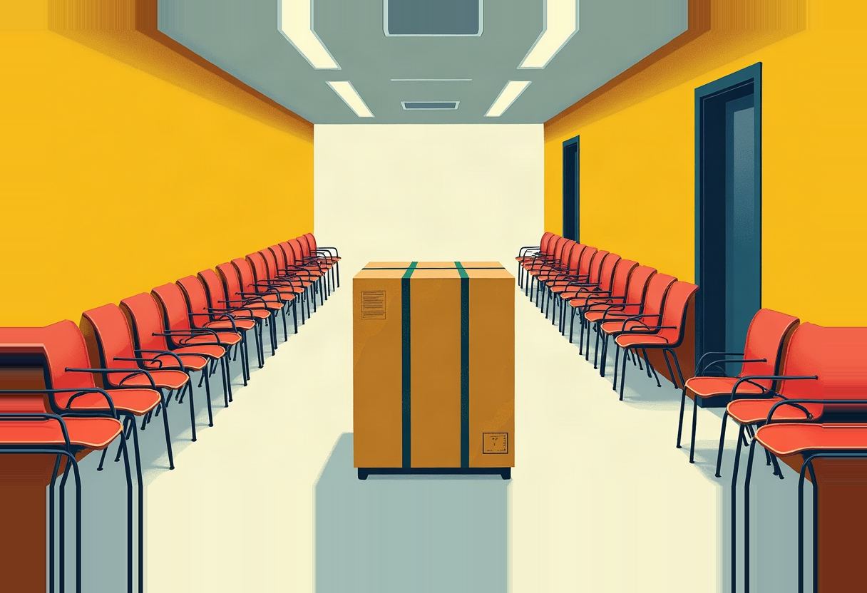 A large taped-up cardboard box sits in an empty waiting-room hallway lined with rows of red chairs under yellow walls.