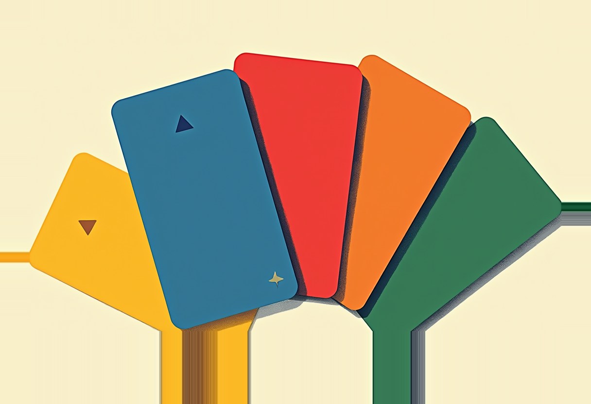 Five fanned rectangular cards in yellow, blue, red, orange, and green, each with a thin stem below leading off-panel, on a pale cream background.