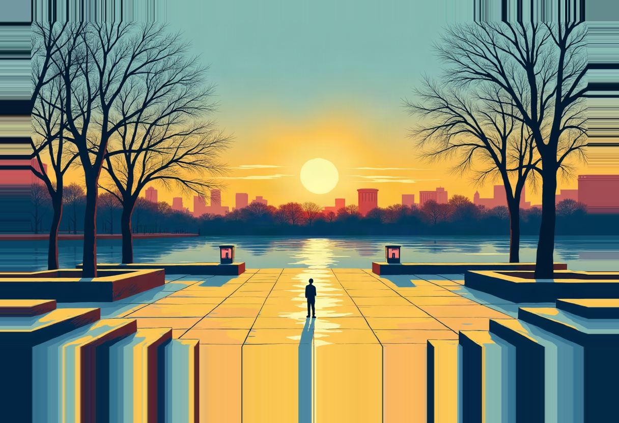 A lone silhouetted figure stands on a stone plaza facing a lake at sunset, flanked by bare trees, with a domed city skyline on the horizon.