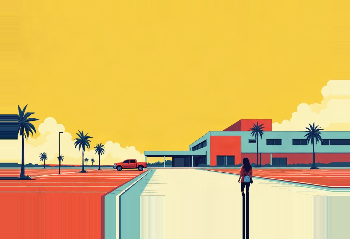 Stylized illustration of a woman with a backpack walking toward a red and teal building across a sparse parking lot with palm trees, a red pickup truck, and a yellow sky.