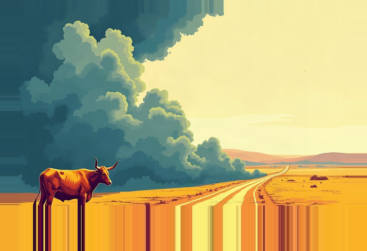 A longhorn cow with vertical streaks trailing below it stands on a dirt road in a flat golden plain under a large teal-and-yellow cloud formation.