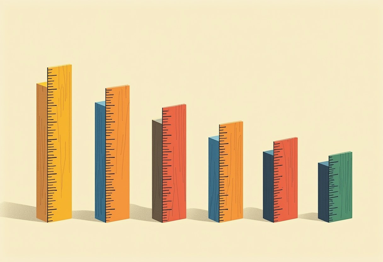 Six wooden ruler-like blocks with measurement tick marks, in yellow, orange, red, and green, standing side by side in decreasing height on a cream background.