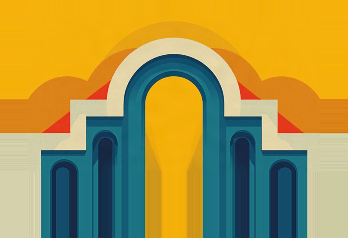 A stylized teal archway with cream trim stands against a yellow sky with orange cloud shapes and red accents behind it.
