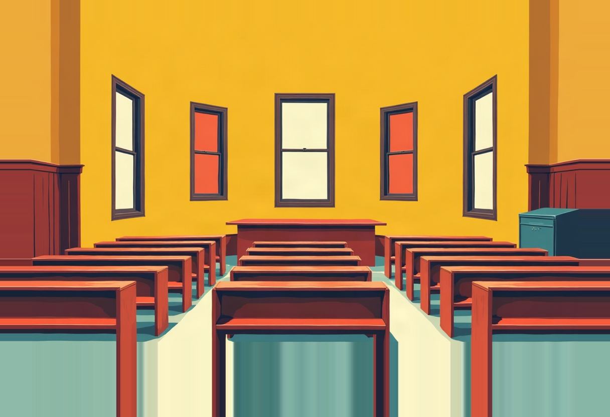 Illustrated empty courtroom with rows of dark red wooden benches facing a raised bench, five tall windows on a mustard-yellow wall, teal floor and a teal filing cabinet at right.