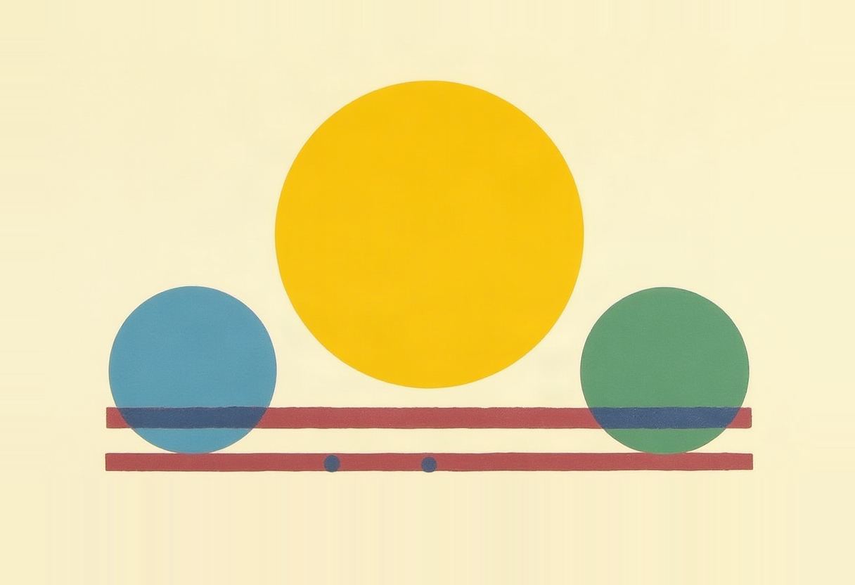 A large yellow circle and two smaller blue and green circles rest on two horizontal red bars, with two small dark dots between the bars, on a pale yellow background.