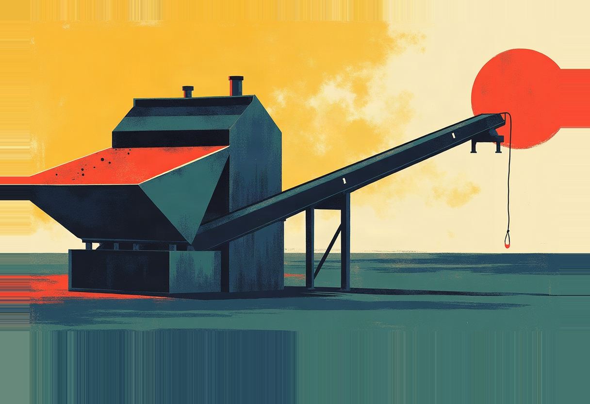A dark industrial hopper with a red interior feeds an inclined conveyor belt ending near a large red sun, a thin cord with a red drop dangling from its tip, set against a yellow-orange sky.