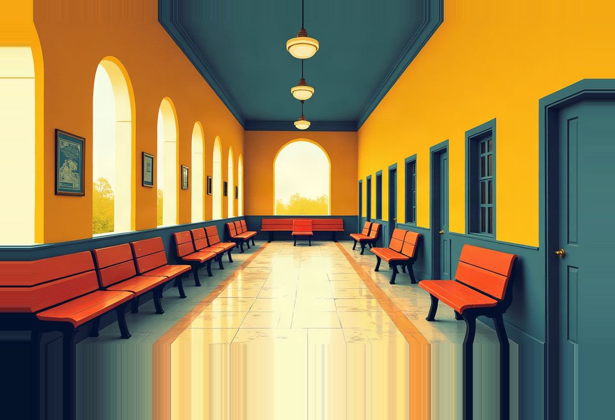 Empty corridor with orange walls and teal trim, rows of red benches along both sides, arched windows on the left, doors on the right, hanging lamps, and a long tiled floor.