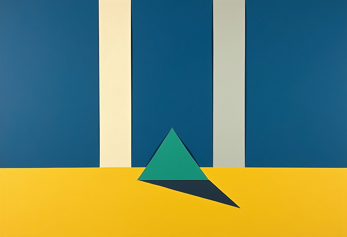 Flat cut-paper collage on a deep cobalt-blue ground: two identical flat vertical strips standing side by side with a narrow gap between them, the left strip warm off-white and the right strip pale grey, and in front of them a small flat parrot-green triangle lying on its base with its apex pointing toward the strips, on a flat golden-yellow band running edge to edge across the bottom