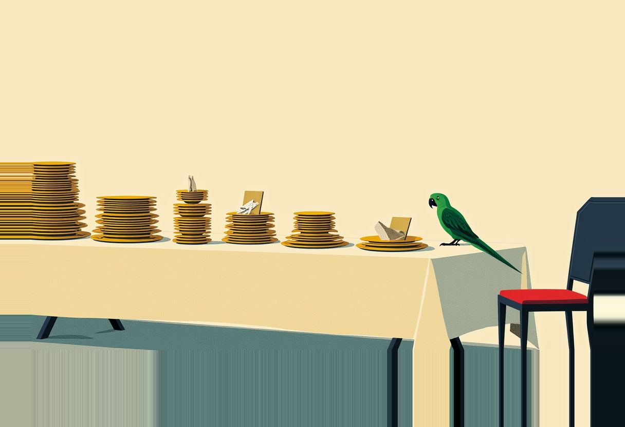 A green parrot stands on a cream tablecloth beside a row of dwindling gold plate stacks with folded papers on top, near an empty red chair.
