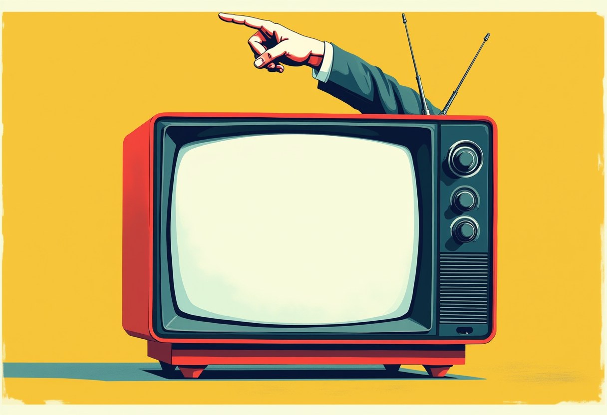 Editorial illustration: a television lower-third caption bar peeling off a blank screen and hardening into a pointing hand.