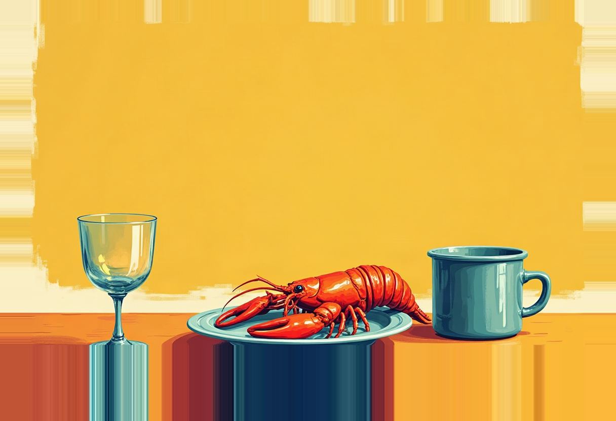 A single red crawfish lies on a blue-gray plate on an orange tabletop, flanked by an empty wine glass and a teal mug, against a mustard-yellow wall.