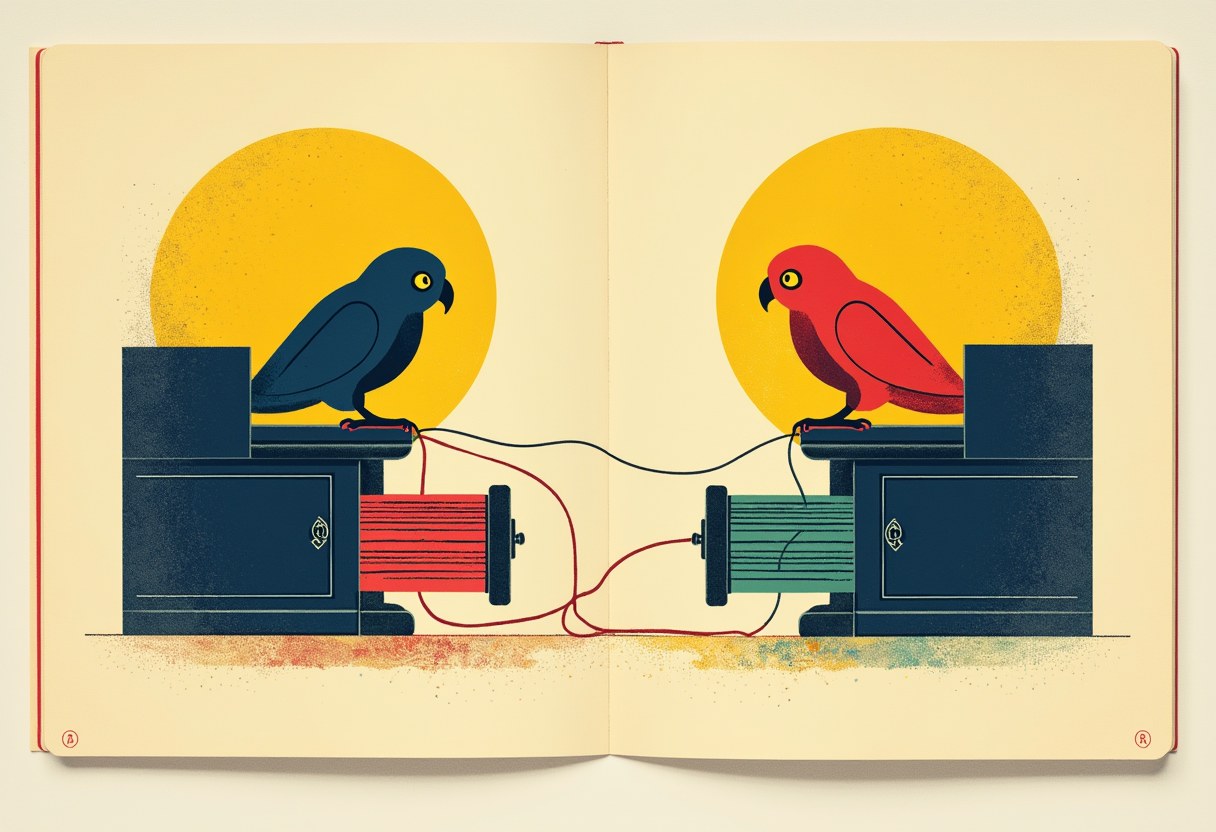 Editorial illustration of a card catalogue with one broadcaster split across two drawers being stitched back into a single figure
