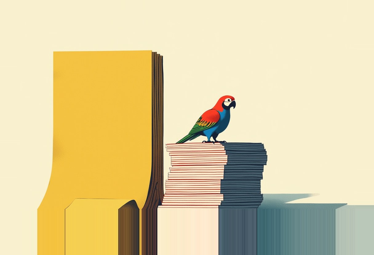 A red, blue and green parrot perches atop a stack of documents beside an oversized yellow file folder against a pale cream background.