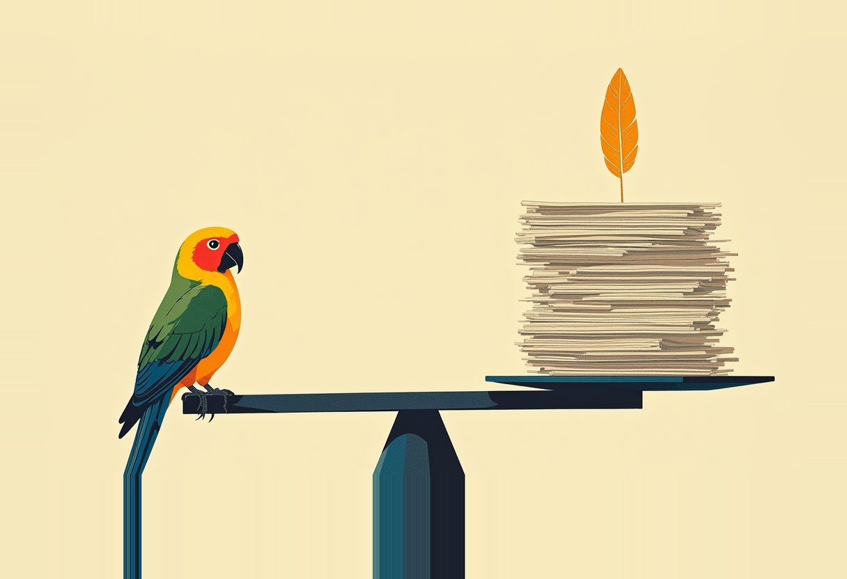 A colorful parrot perches on one side of a balance beam scale, its side raised, opposite a thick stack of papers topped with a single orange feather.