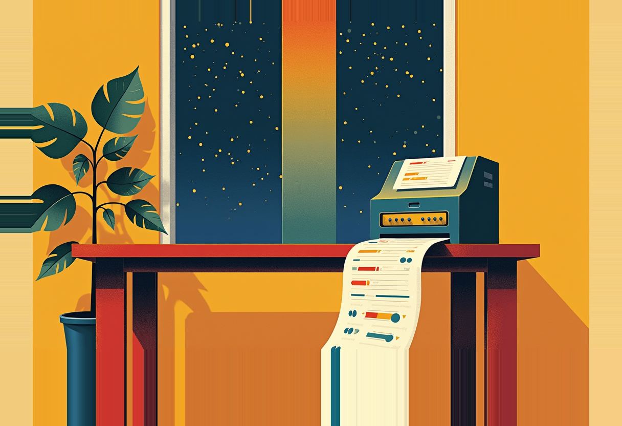 A ticker printer on a red desk spits a long curling paper strip covered in colored bar-chart marks, beside a potted plant and a starry window.