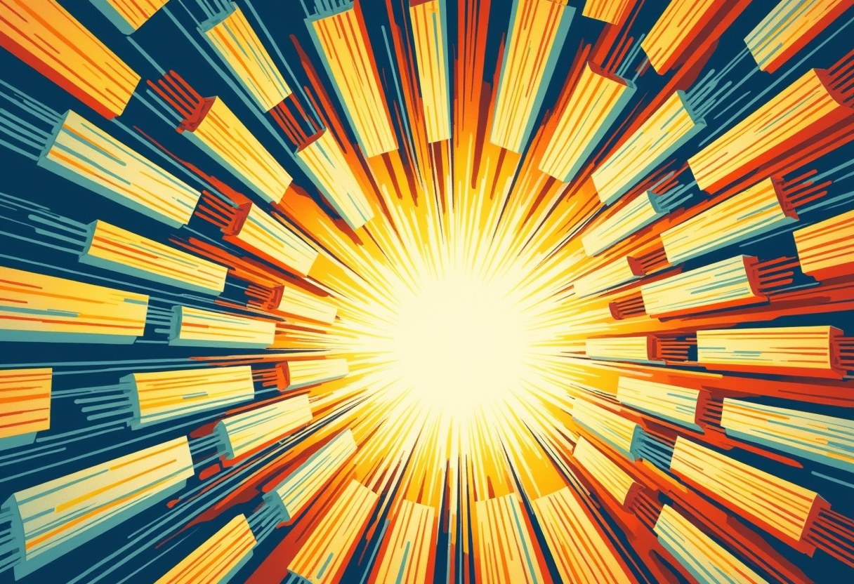 Editorial illustration of filing-cabinet drawers streaming blank index cards into a glowing lens, eleven of them converging back on a single folded page
