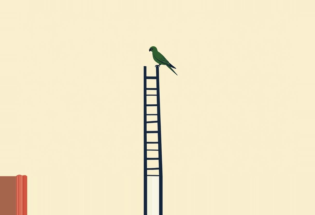 A green parrot perches atop a tall dark ladder against a cream background, with a stack of orange-edged books at the lower left.