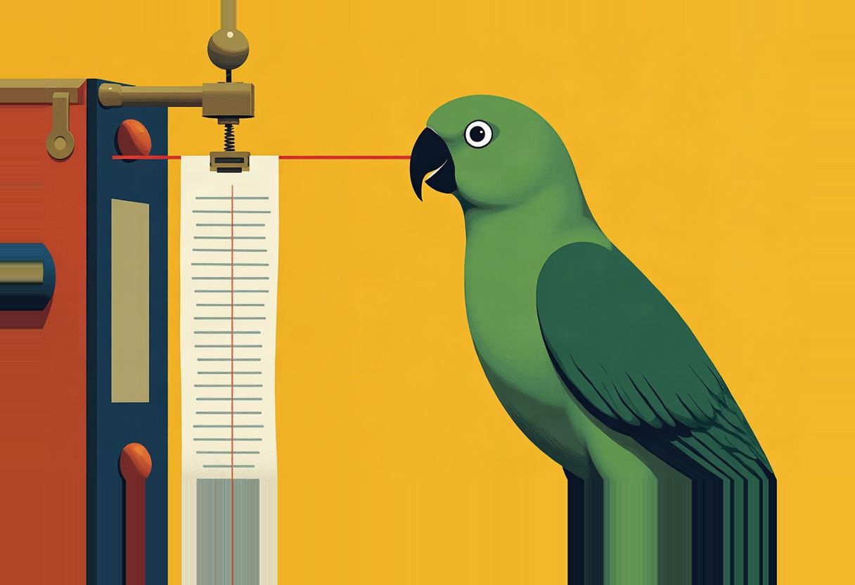 A green parrot faces a mechanical printer-like device with a red line running from its beak to a paper strip printed with rows of horizontal ticks, on a solid yellow background.
