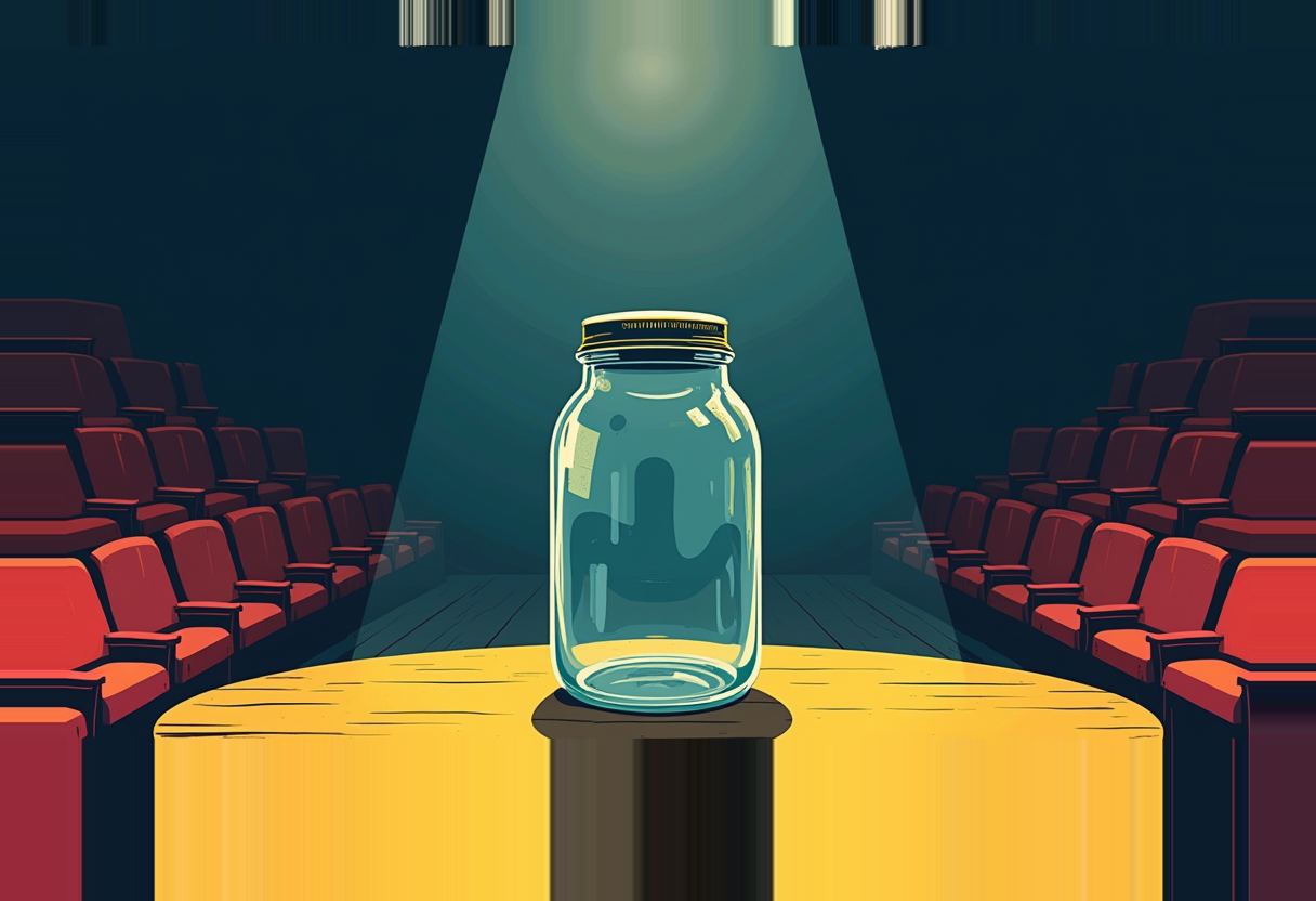 An empty glass jar with a metal lid sits under a spotlight on a round table, flanked by empty red theater seats.