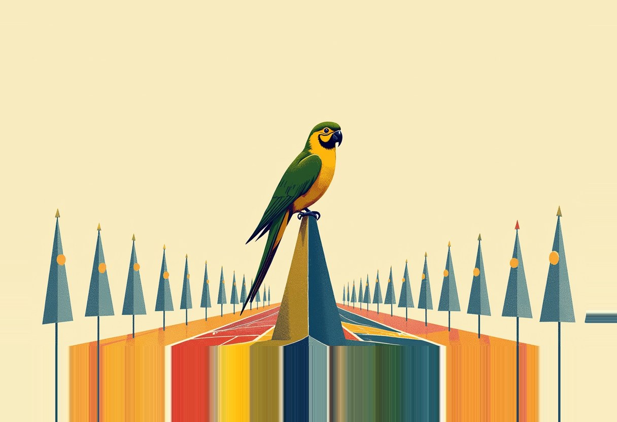 A green and yellow parrot perches on a tall triangular peak above a row of smaller blue spikes, above a striped red, yellow, blue, and orange horizon on a pale yellow background.