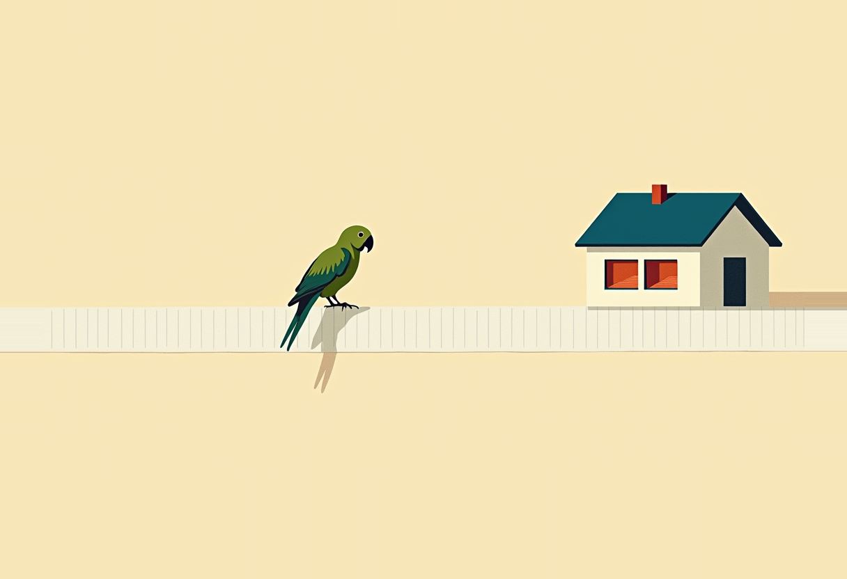 A green parrot perches on a fence looking toward a small house with a teal roof and orange-lit windows, against a pale yellow background.