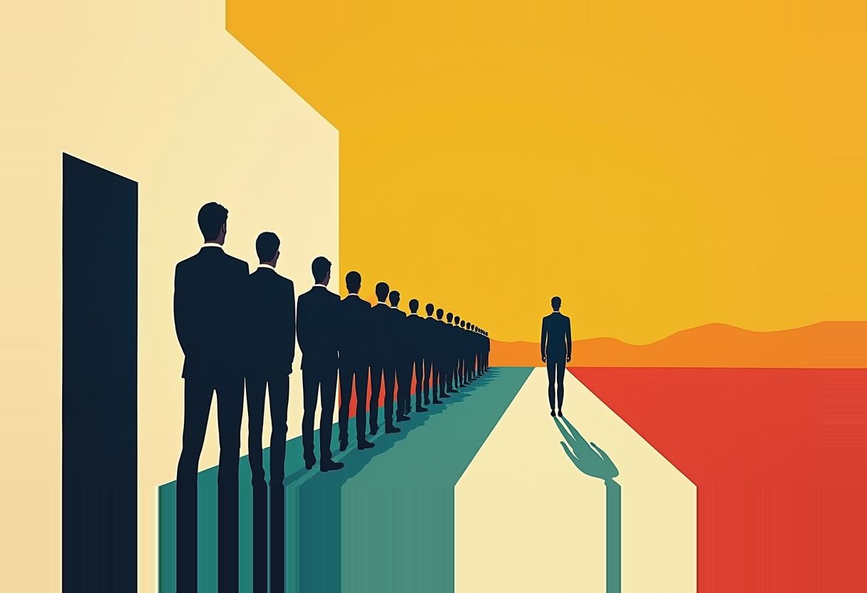A long line of dark-suited silhouettes stands beside a doorway while one lone figure walks away down a teal-and-cream path under an orange-yellow sky.