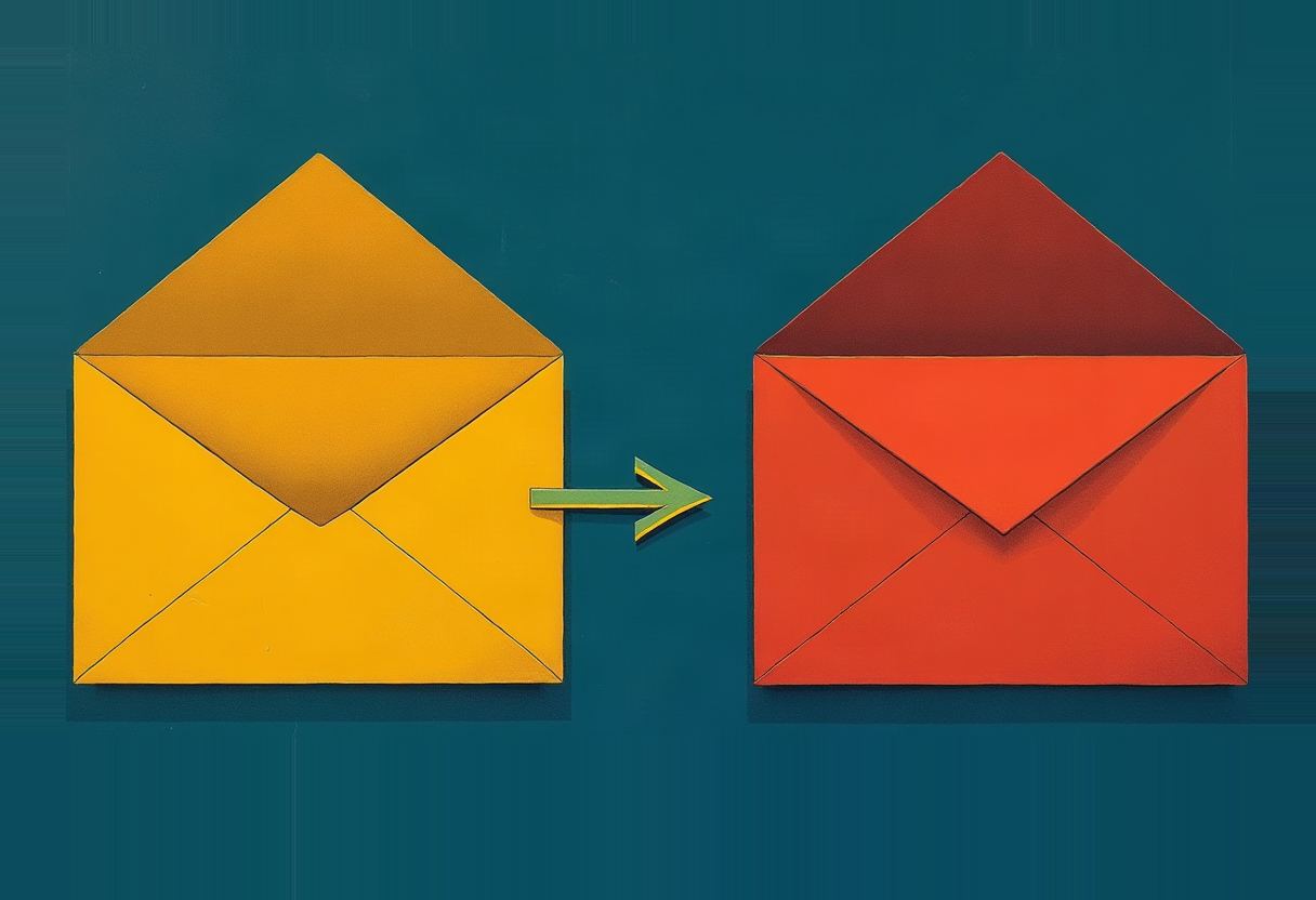A yellow envelope on the left and a green arrow pointing to a red envelope on the right, both on a dark teal background.