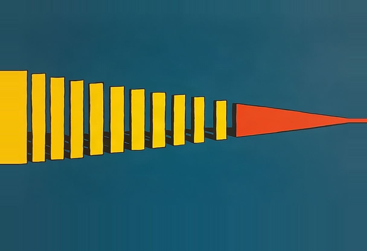 A row of yellow bars shrinking in size tapers into a thin orange triangular spike against a teal background.